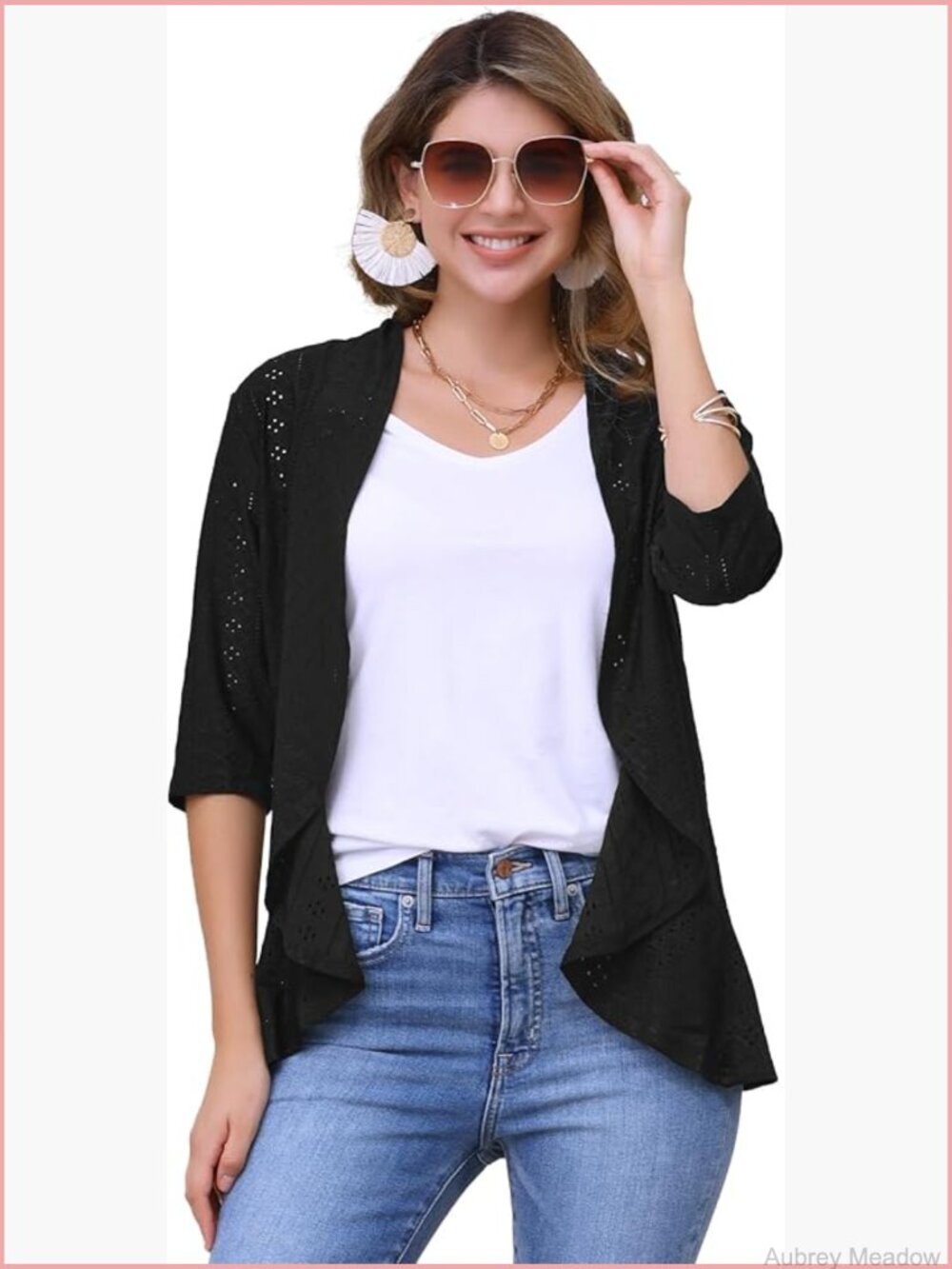 Women's Open Front Cardigan 3/4 Sleeve Draped Ruffles Eyelet